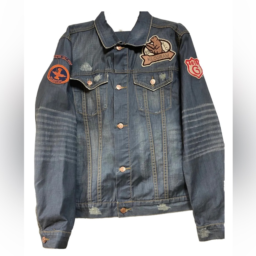 Kilogram Jean Jacket-Blue Denim-Patches-Grunge-Hip Hop-Punk-Y2K- Men’s Large